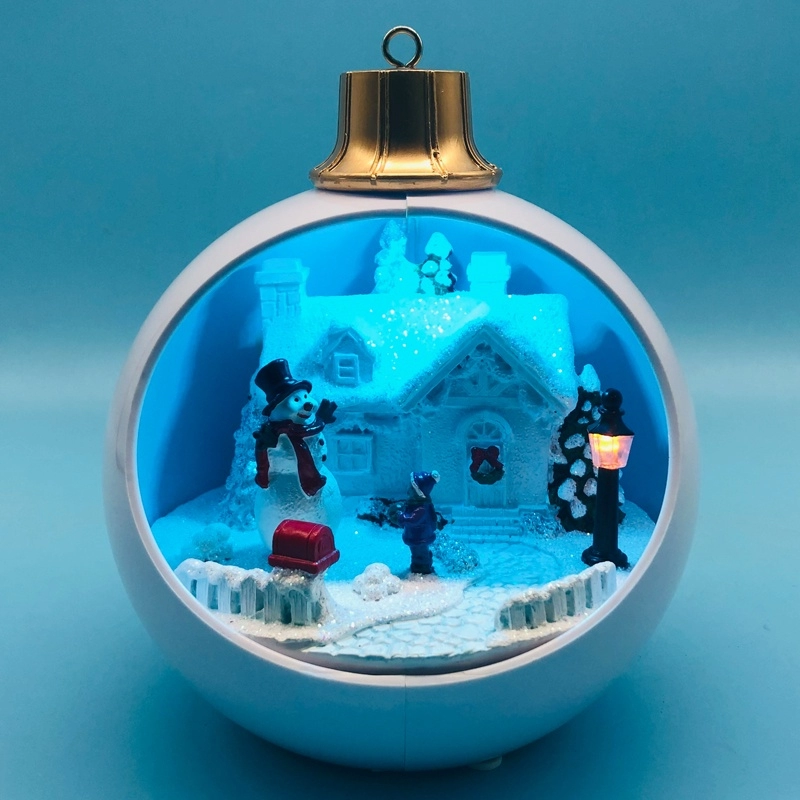 Светодиодная рождественская деревня со снеговиком, движущимся внутри белого шара