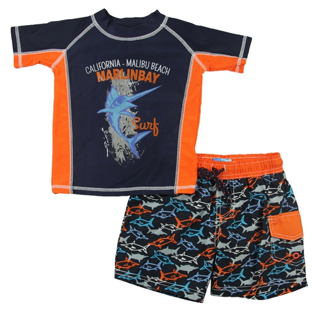 Темно-синие и оранжевые рашгарды и шорты для плавания