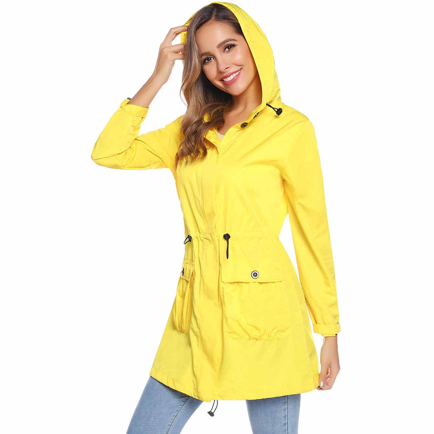 women drawstring waist raincoat