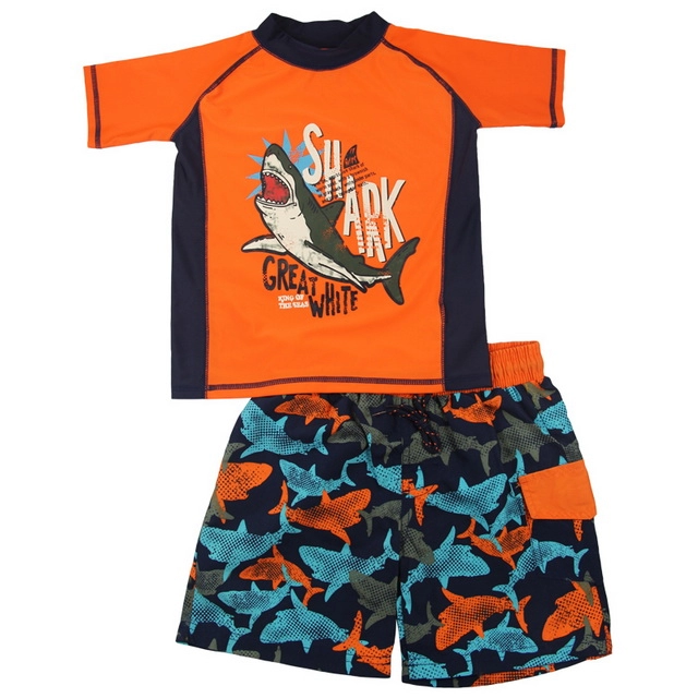 Рашгард и плавки с оранжевыми и темно-синими акулами
