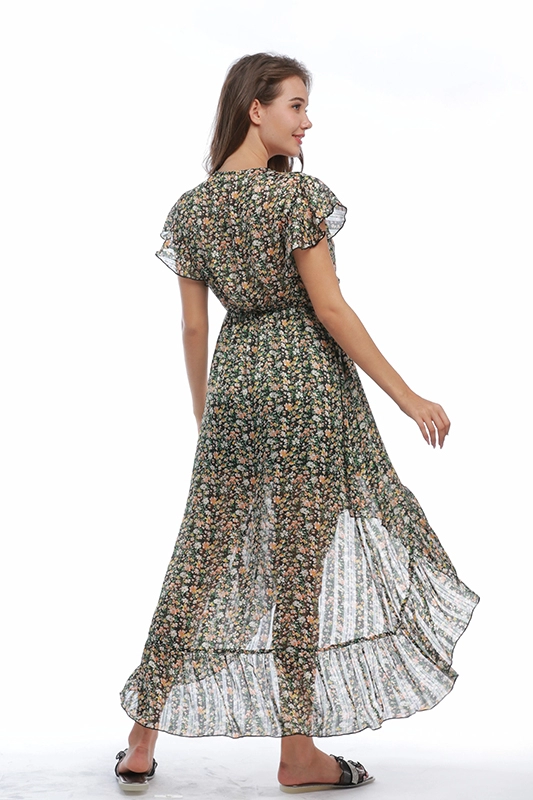 Пользовательские летние Ruched повседневные тюль V-образным вырезом женские цветочные шифоновые платья
