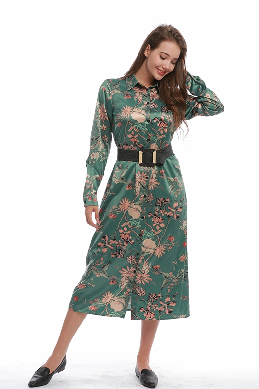 Женское повседневное элегантное винтажное цветочное атласное платье-туника до середины икры с длинным рукавом и поясом