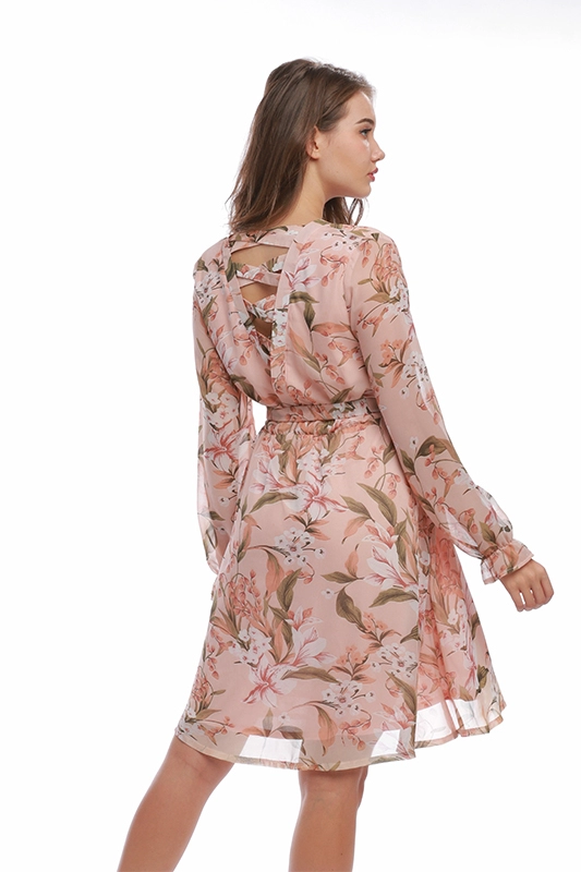 Розовые платья из шифона с V-образным вырезом и цветочным принтом для женщин