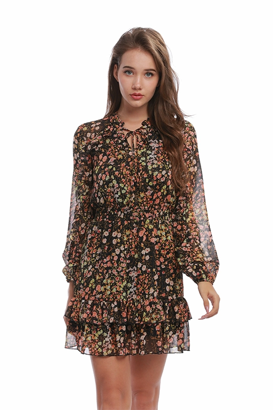 Производитель женской одежды Модные шифоновые повседневные мини-платья с оборками и длинными рукавами с цветочным принтом