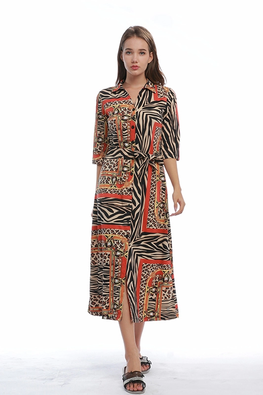 Осеннее женское повседневное платье-рубашка с длинными рукавами и отложным воротником с леопардовым принтом