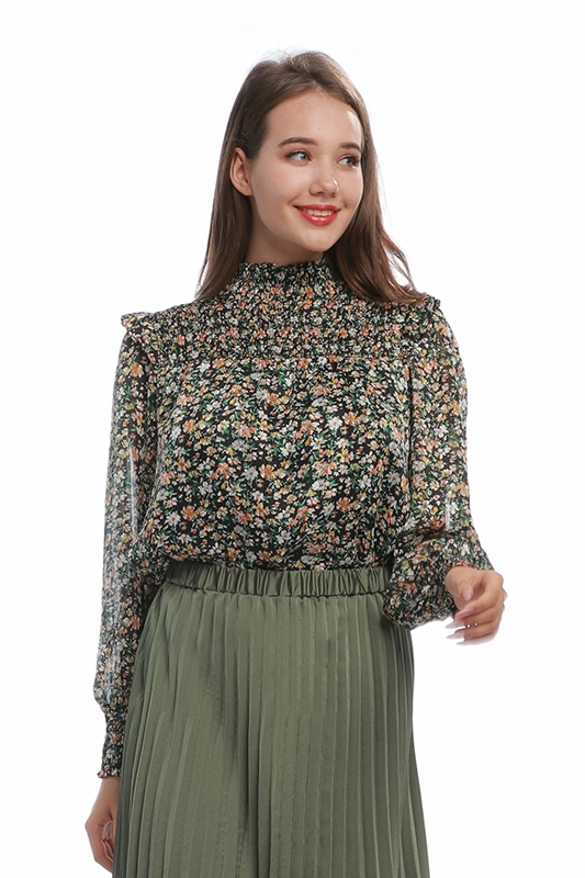 Элегантная шифоновая блузка с цветочным принтом и оборками для женщин с длинным рукавом, блузка, Китайская фабрика