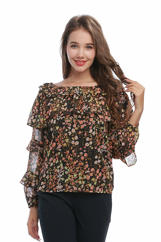 Женская шифоновая блузка с открытыми плечами и цветочным принтом с оборками и рюшами