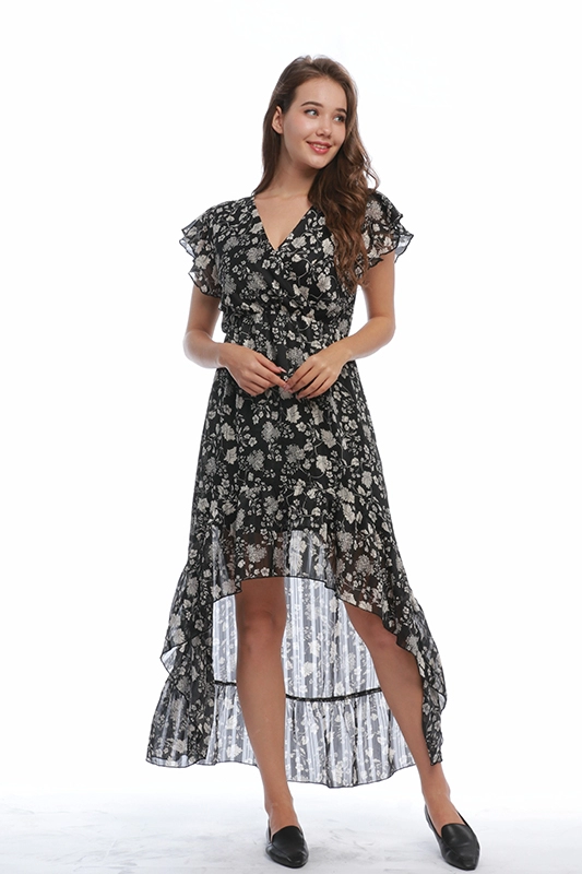 Шифоновое платье с рюшами и эластичной талией с V-образным вырезом, летнее платье-миди, женские повседневные платья с цветочным принтом