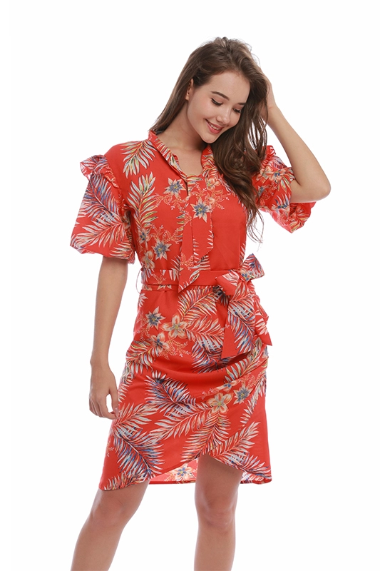 повседневная шифоновая женская элегантная одежда с коротким рукавом и бантом, воротник-стойка с цветочным принтом, платья