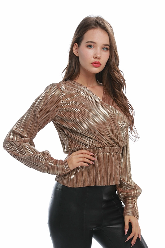OEM Factory Glitter V Шея Плиссированная ткань Эластичная талия Летняя элегантная женская блузка с длинным рукавом
