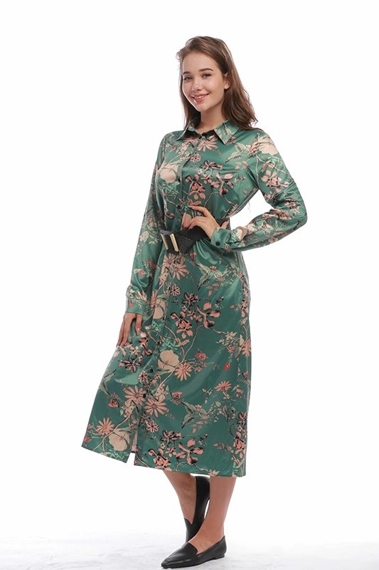 Женское повседневное элегантное винтажное цветочное атласное платье-туника до середины икры с длинным рукавом и поясом