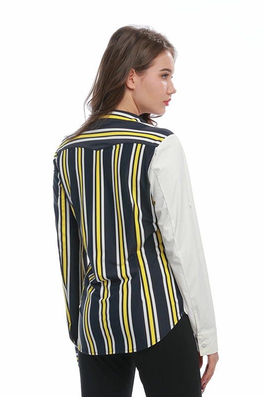 Женские полосатые рубашки с цветными блоками и длинными рукавами на пуговицах с v-образным вырезом и воротником, вязаные женские рубашки, блузки, топ