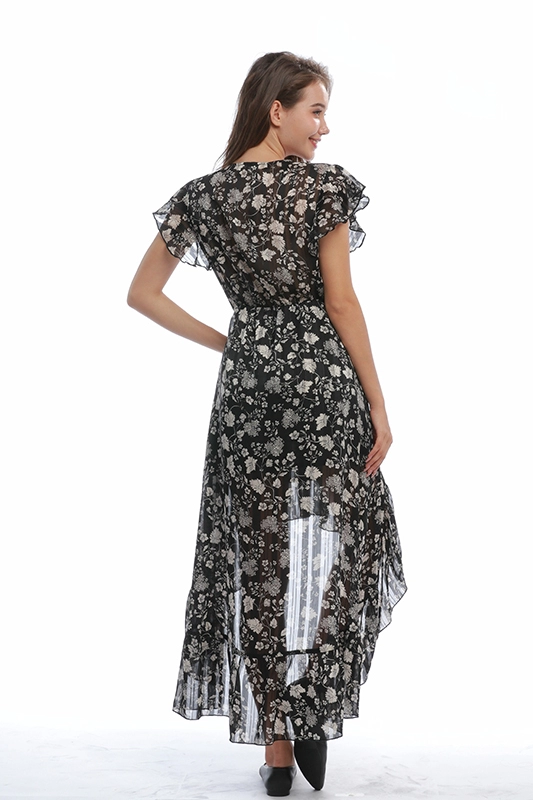 Шифоновое платье с рюшами и эластичной талией с V-образным вырезом, летнее платье-миди, женские повседневные платья с цветочным принтом