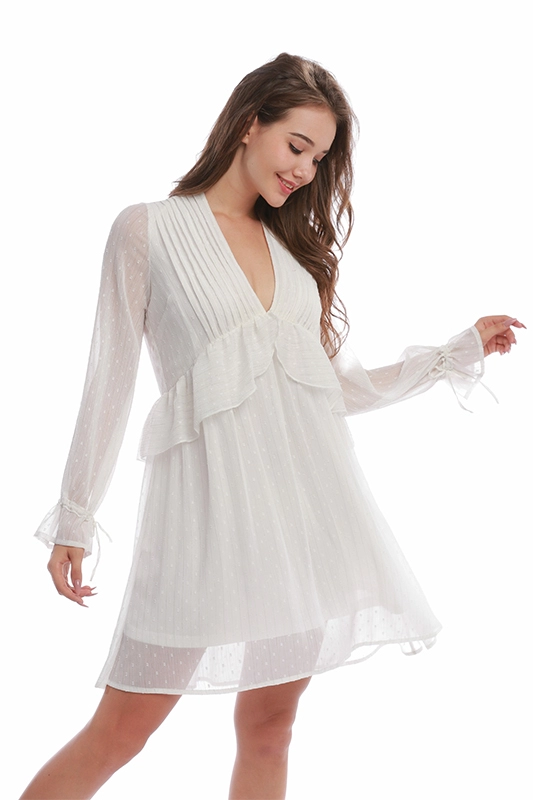 Женское стильное сексуальное белое платье с глубоким V-образным вырезом и длинным рукавом, прозрачные сетчатые кружевные вечерние платья для женщин