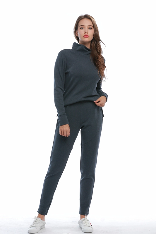 Повседневная простая женская толстовка с высоким воротником и тонкими спортивными штанами с боковыми разрезами, комплект из двух предметов