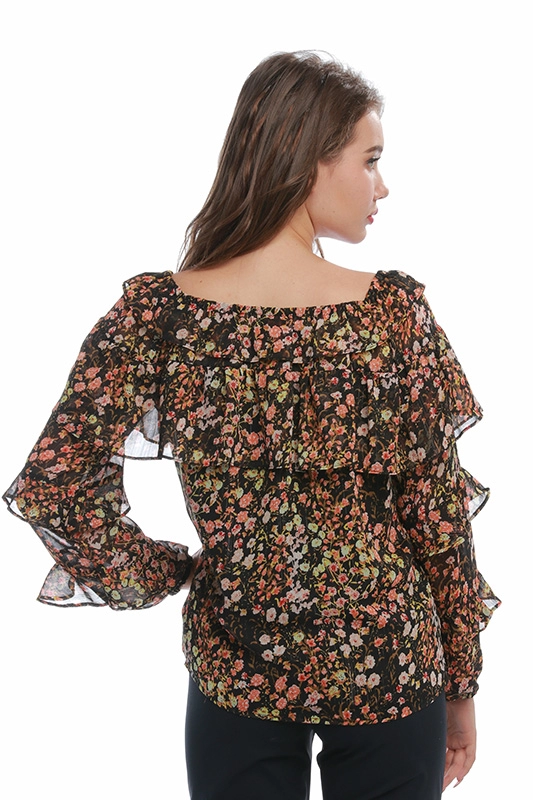 Женская шифоновая блузка с открытыми плечами и цветочным принтом с оборками и рюшами