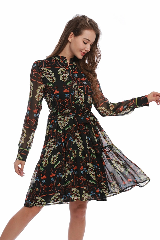 Повседневное платье Мини-платья с полупрозрачными рукавами и рюшами и цветочным принтом