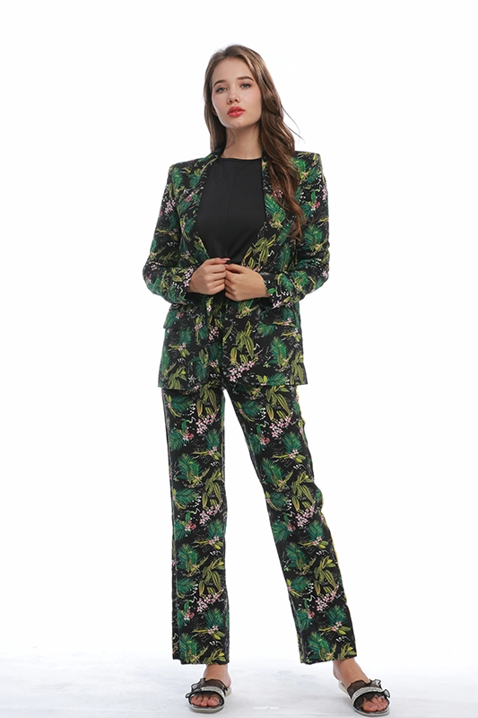 Повседневные тонкие зеленые костюмы с цветочным принтом Пиджаки Прямые брюки с эластичной резинкой на талии и тесьмой с принтом Комплект из двух частей костюма