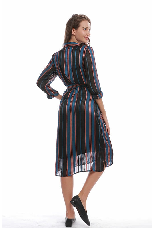 Женская повседневная шелковая полосатая туника с длинным рукавом и поясом, осенняя женская одежда, платье-рубашка