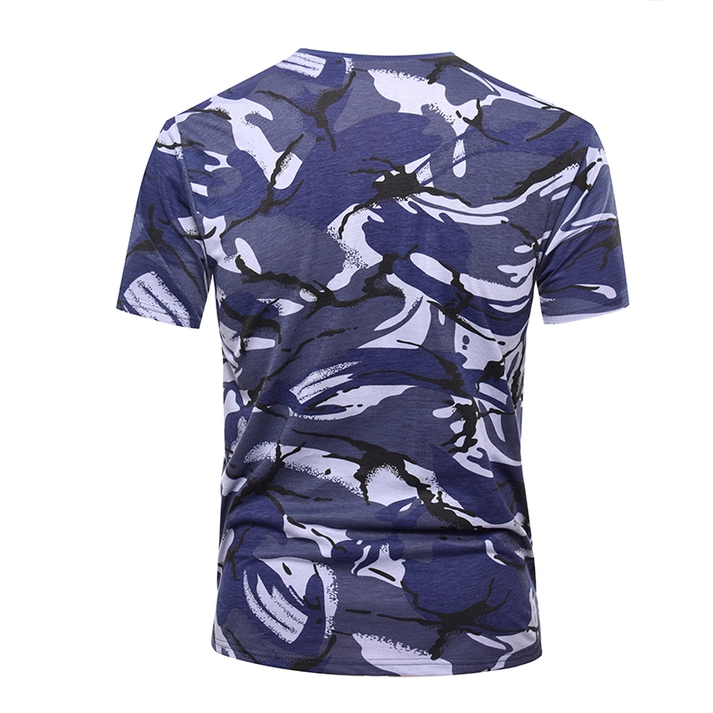 Трикотажная футболка из хлопка с камуфляжным принтом в стиле милитари синего цвета
